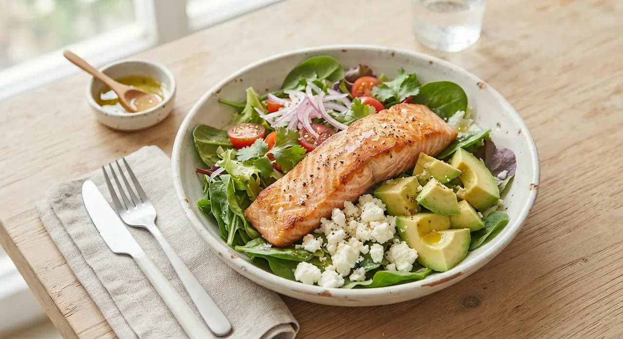 Ensalada de salmón con aguacate y queso feta