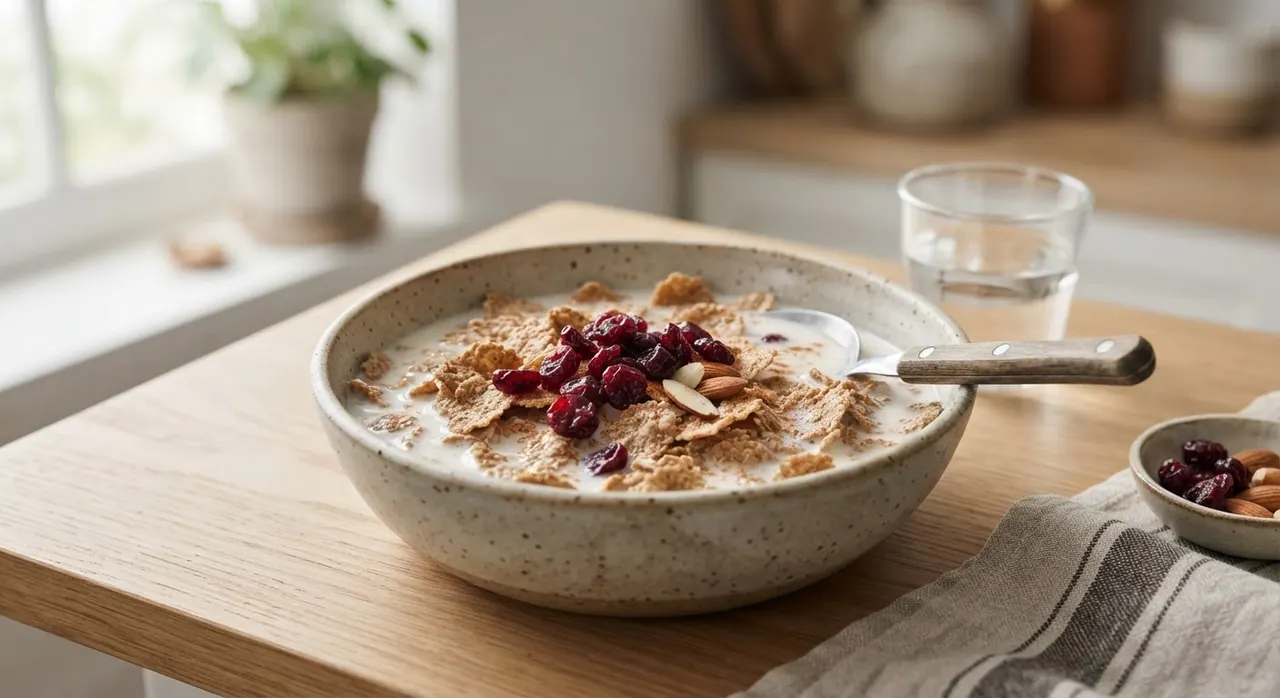 Cereal All-Bran con leche de almendras y arándanos
