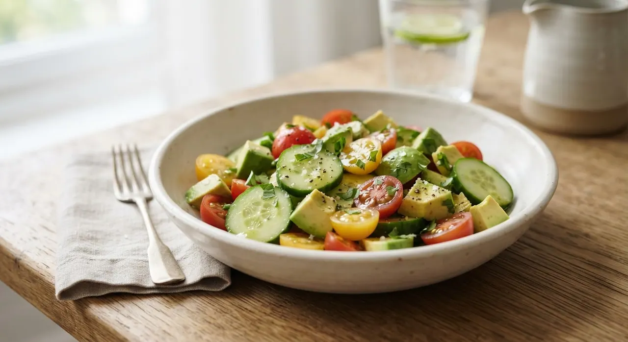 Pepino en rodajas, tomates cherry y aguacate