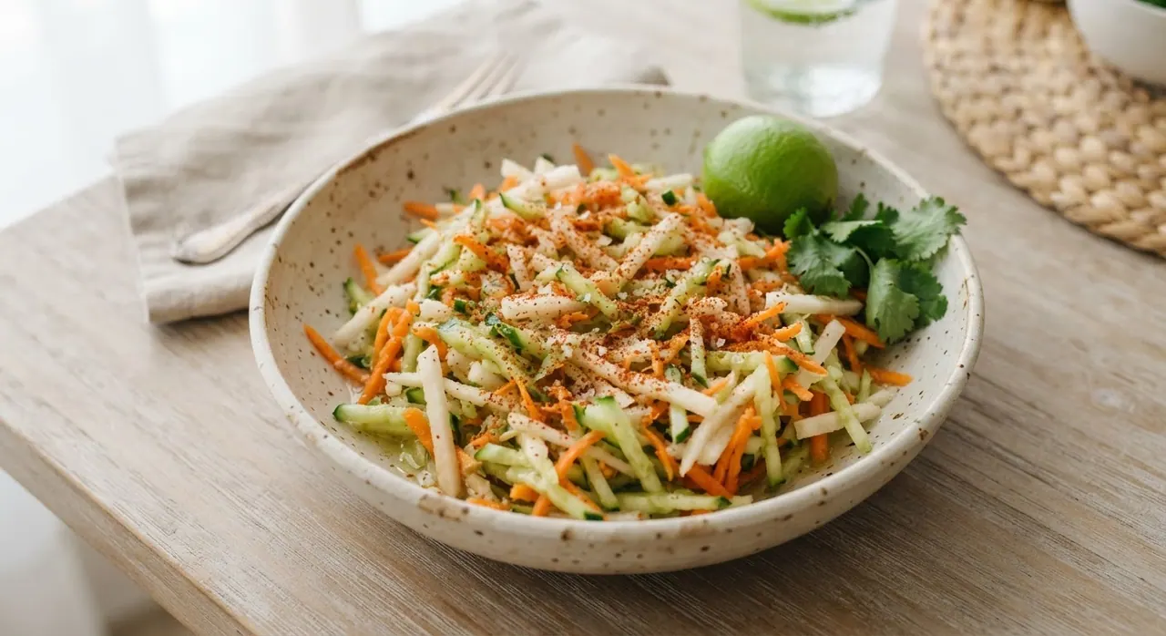 Ensalada de zanahoria, pepino y jícama rallados con limón y sal