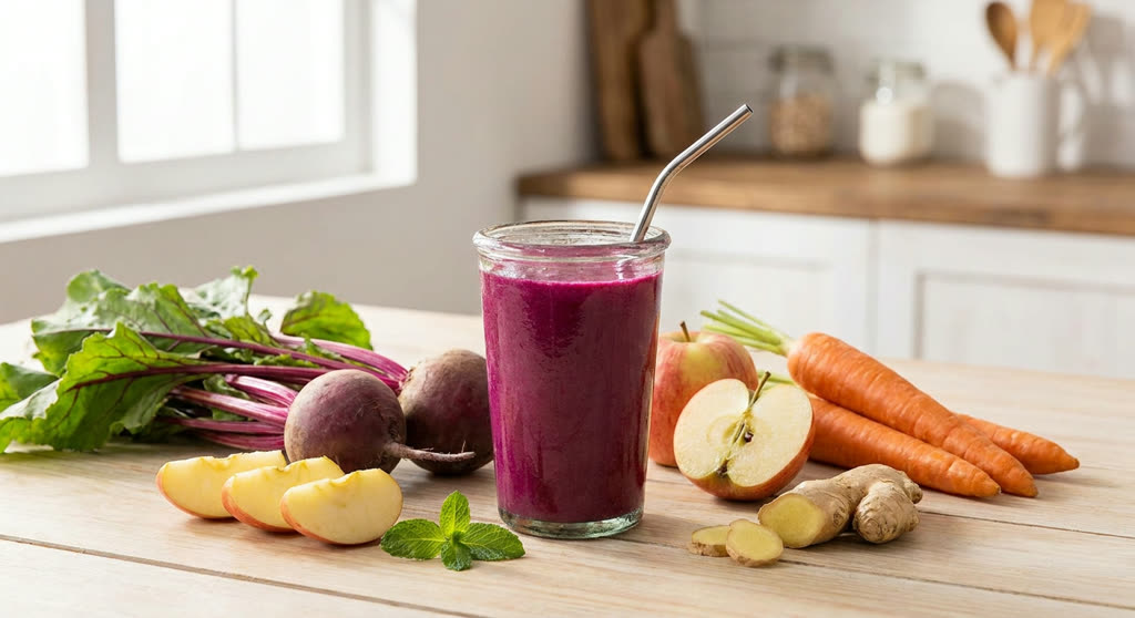 Licuado de betabel, zanahoria, manzana y jengibre