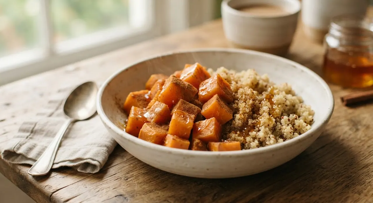 Camote al baño maría con miel y quinoa cocida