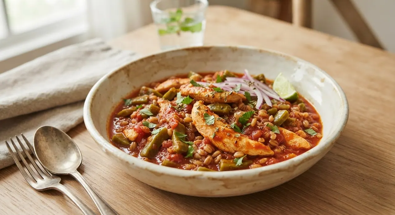 Pollo en salsa de tomate con nopales y trigo