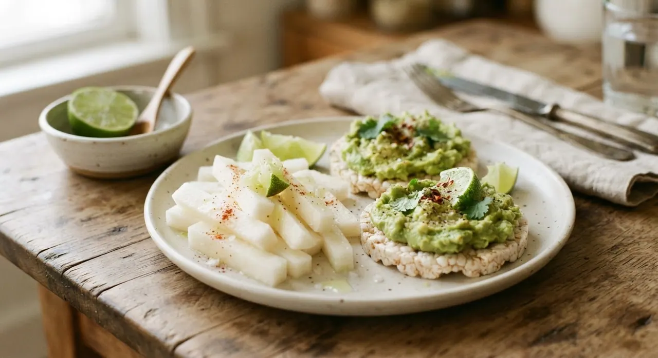 Jícama con limón y galletas de arroz con aguacate