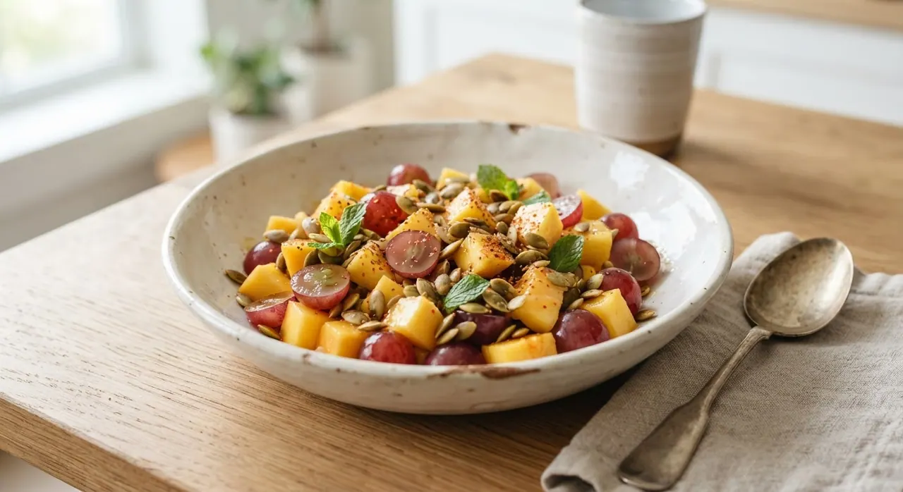 Durazno, uvas y pepitas de calabaza