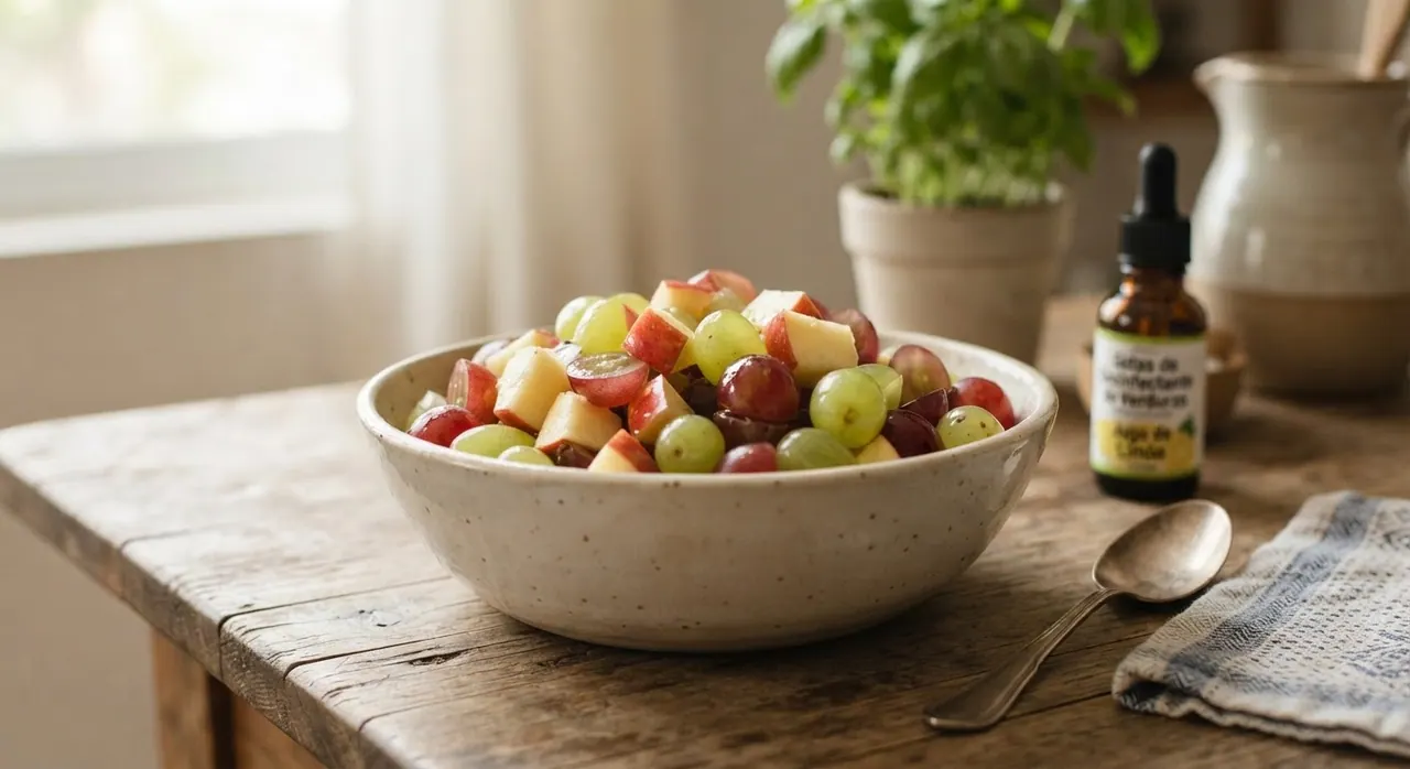 Media taza de uvas y media manzana en cuadros