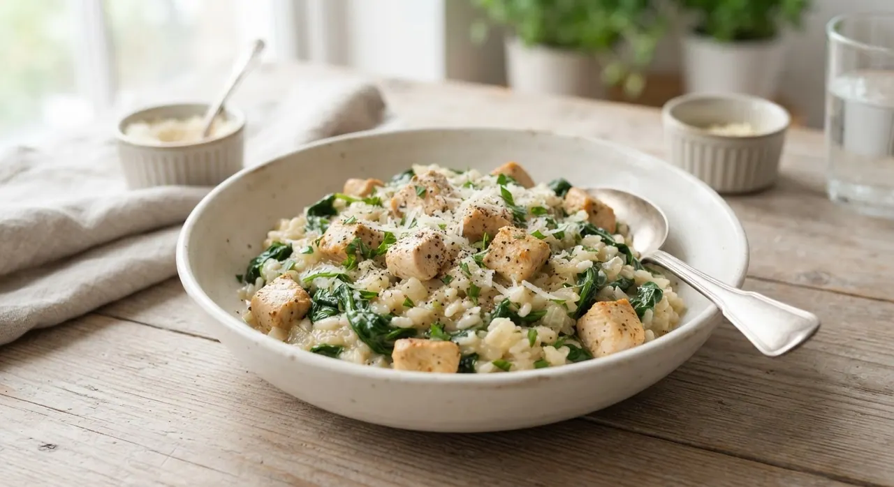 Risotto de pollo y espinacas