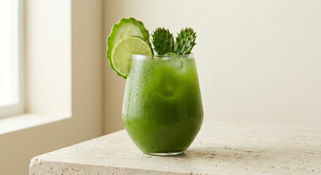 Jugo de nopal verde servido en vaso