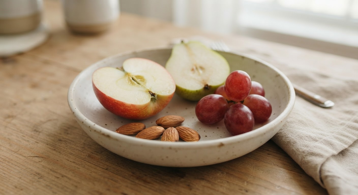 Media manzana, media pera, 5 uvas y 5 almendras