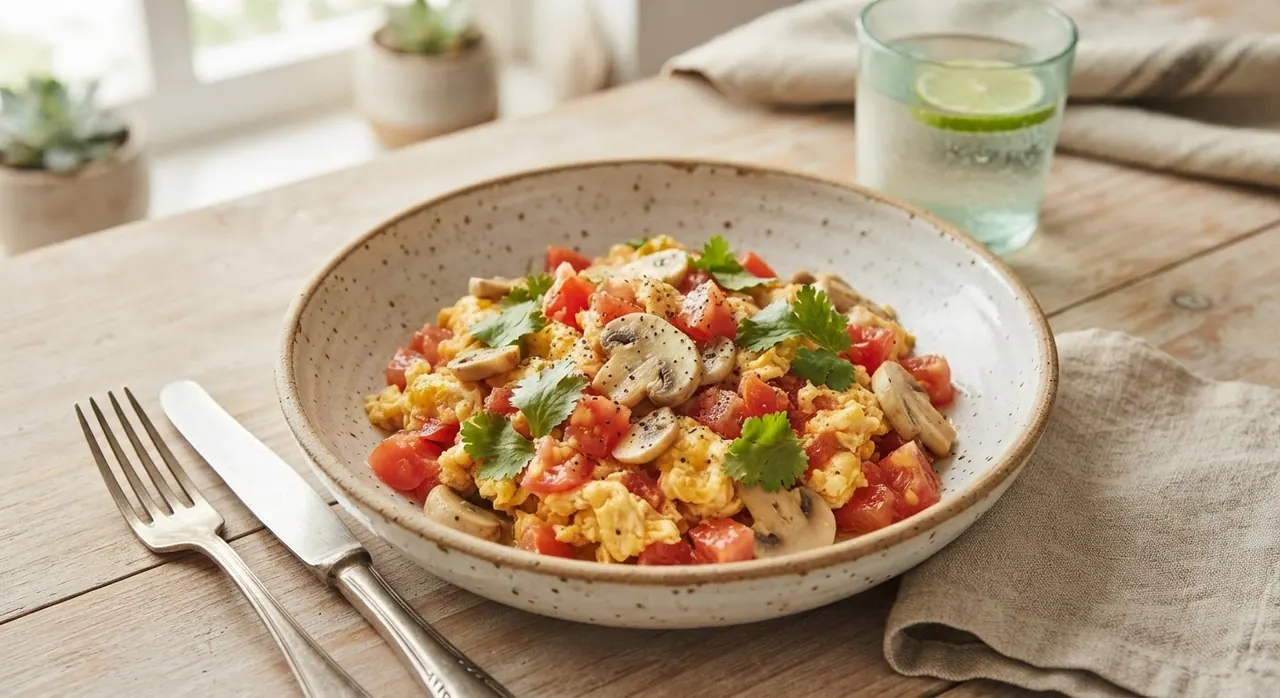 Huevo revuelto con tomate y champiñones
