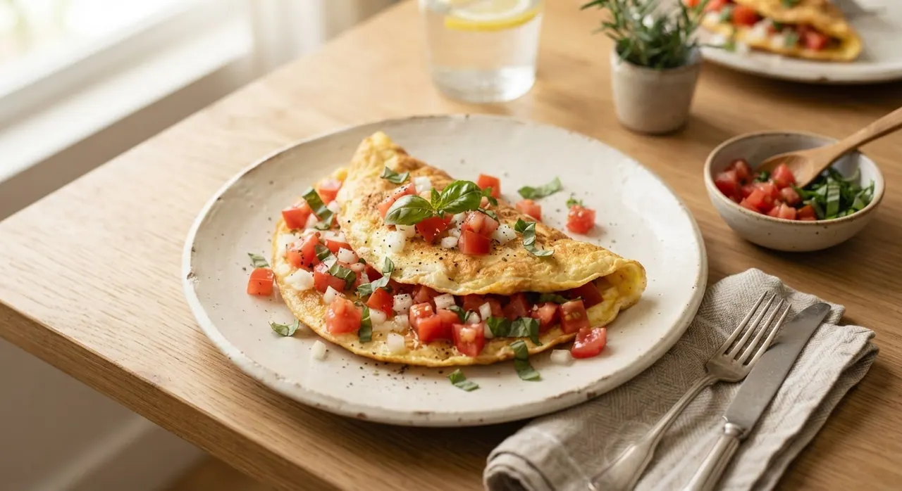 Omelette de claras de huevo con tomate, cebolla y albahaca