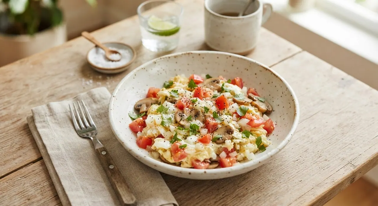 3 claras de huevo con tomate, cebolla y champiñones