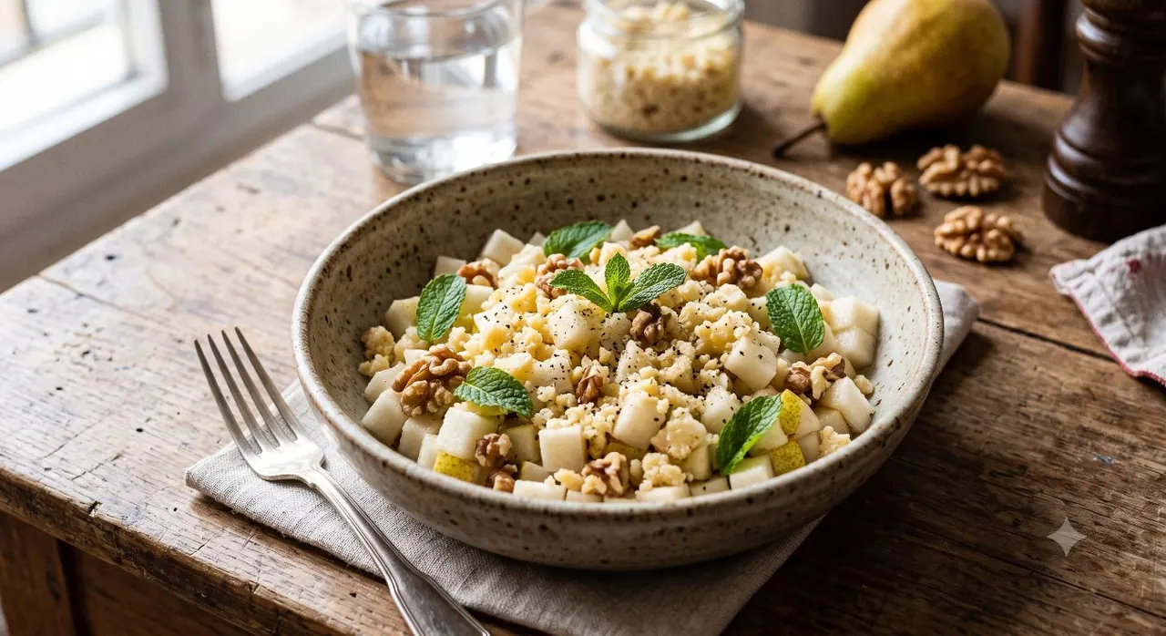 Ensalada de queso parmesano vegano y pera