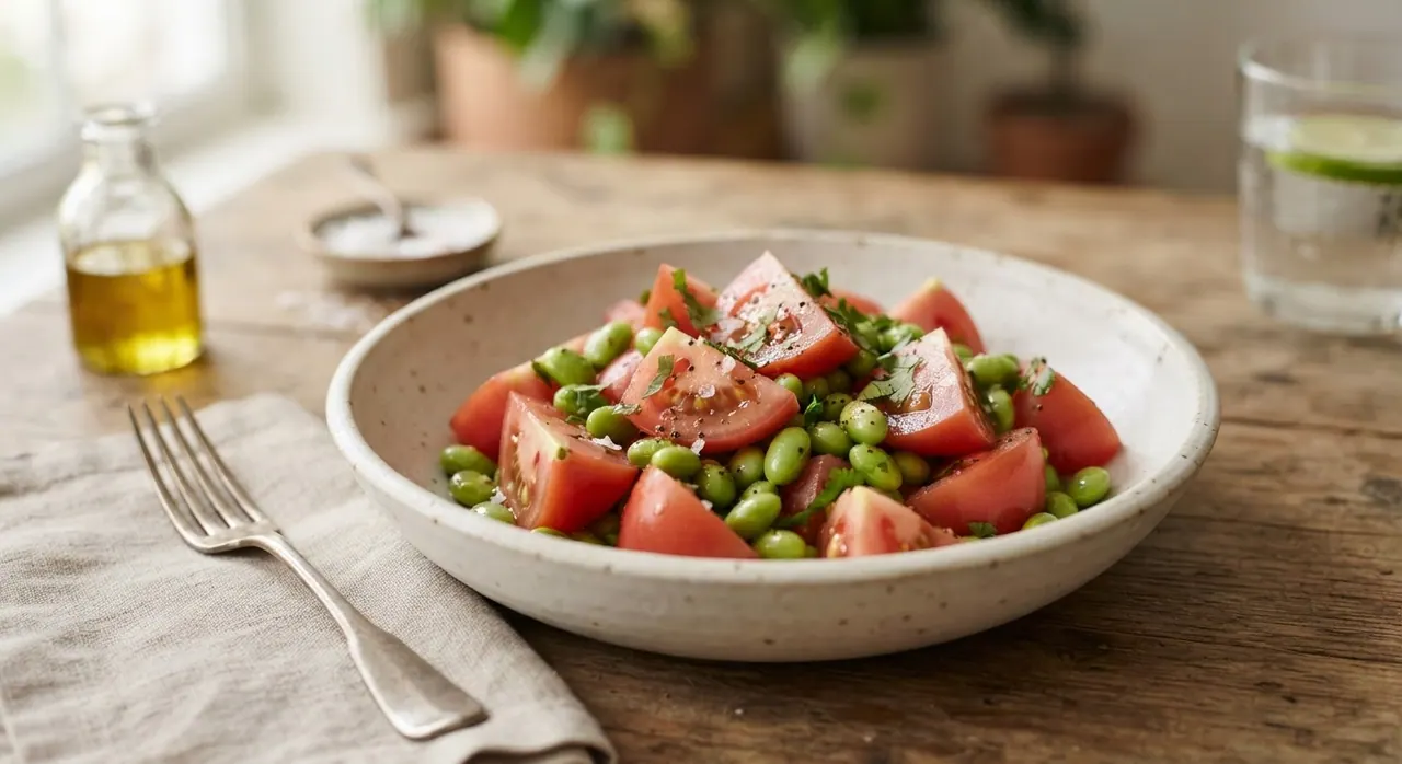 Ensalada fresca de tomate y edamame