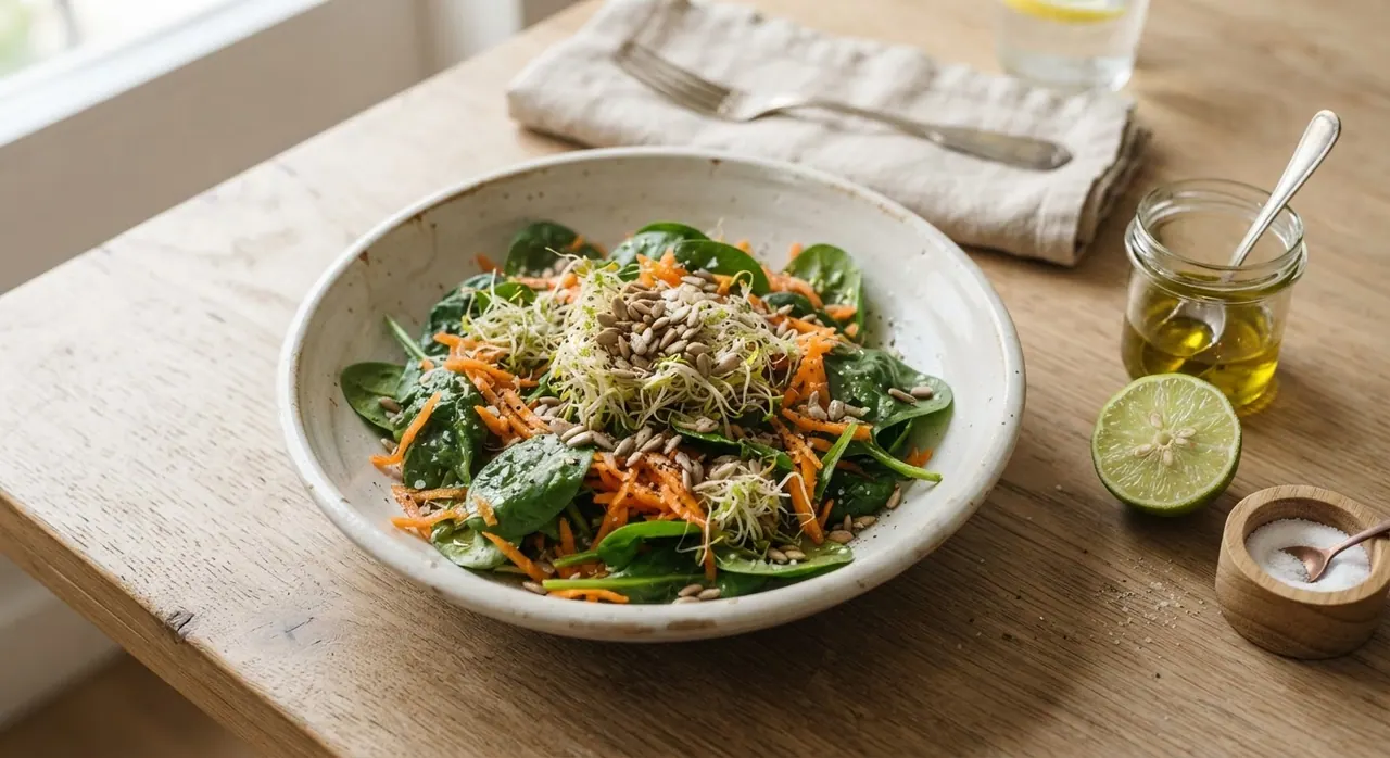 Ensalada de zanahoria, espinaca y germinado de alfalfa