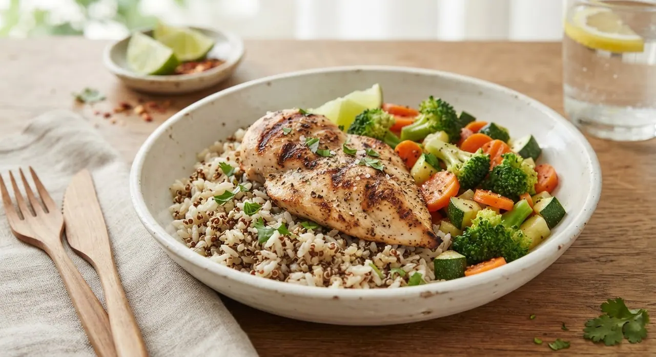 Pollo a la plancha con verduras, arroz y quinoa
