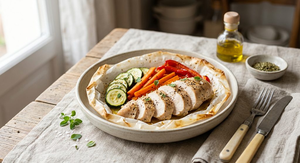 Pollo empapelado con verduras