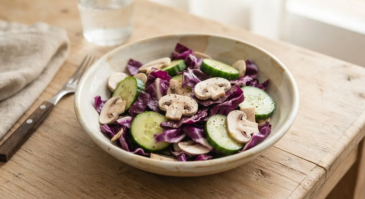 Ensalada de lechuga morada, pepino y champiñones