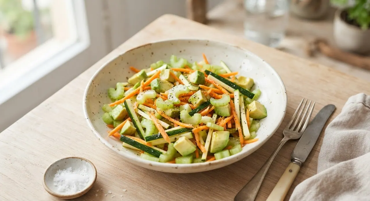 Ensalada de apio, zanahoria, aguacate y calabaza