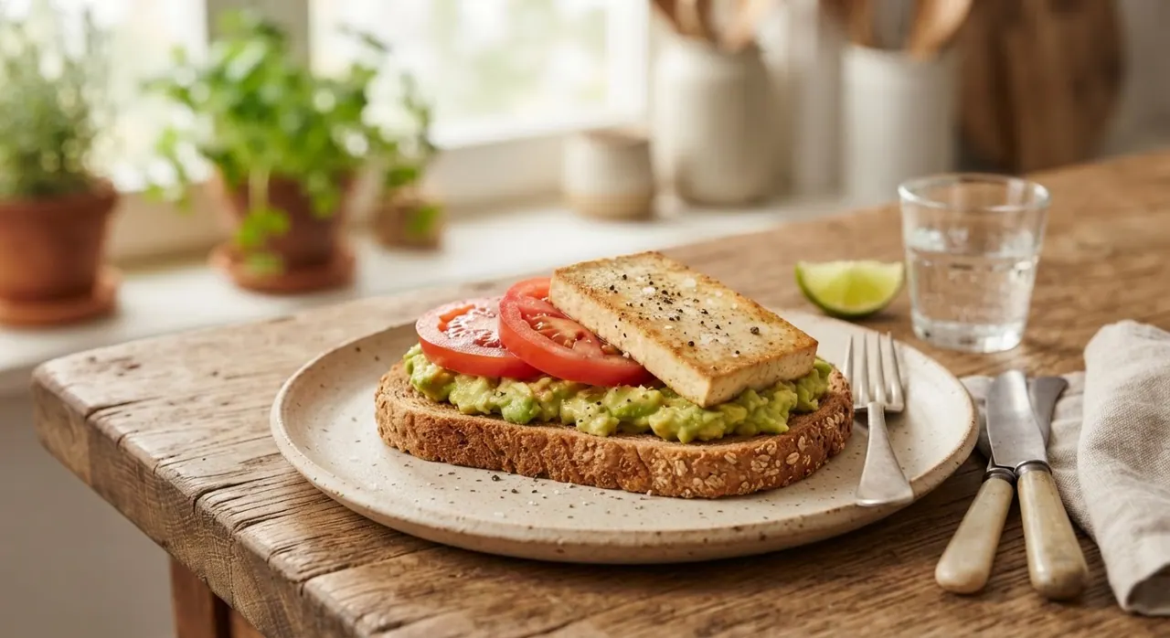 Tostada de pan integral con aguacate y tofu