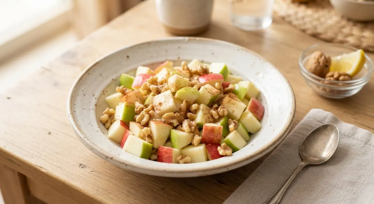 Manzana cortada en cuadros con nueces