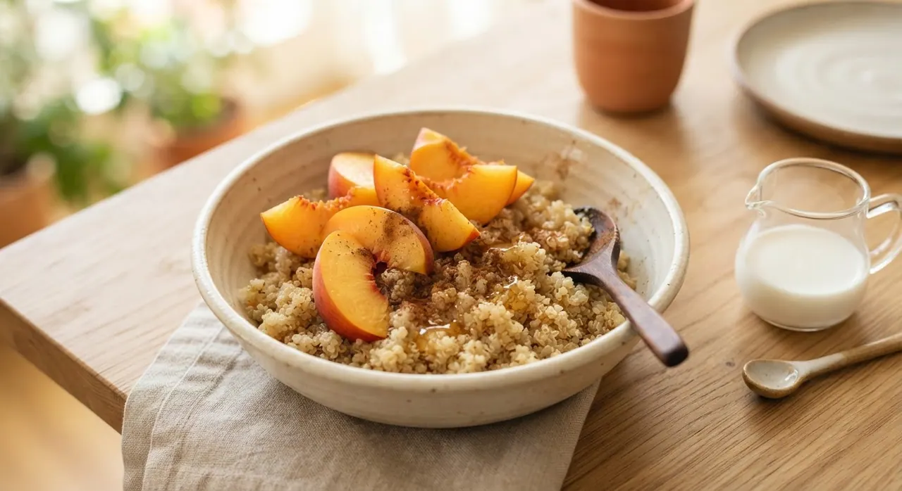 2 duraznos y plato de quinoa cocida con miel