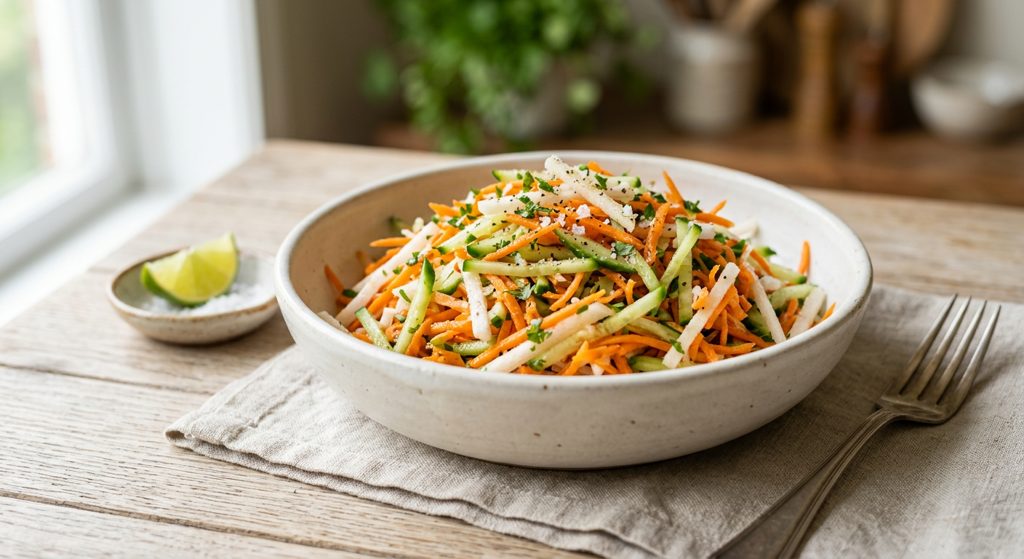 Ensalada de zanahoria, pepino y jícama rayados