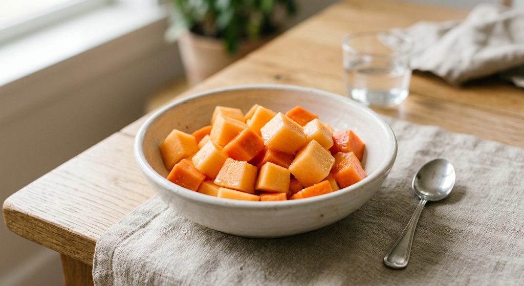 Una taza de melón y papaya en cuadros