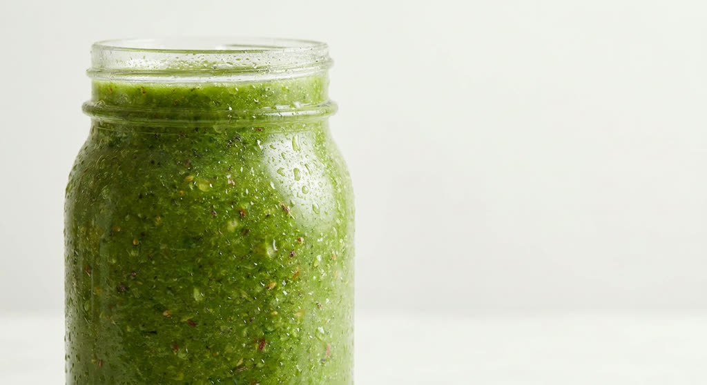 Jugo de nopal con verduras y semillas servido en vaso