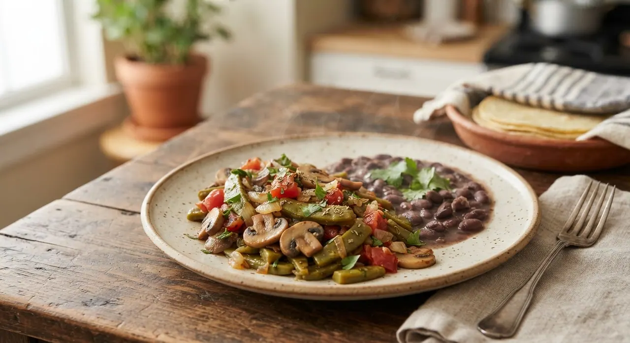 Nopales guisados con champiñones, arroz o frijoles
