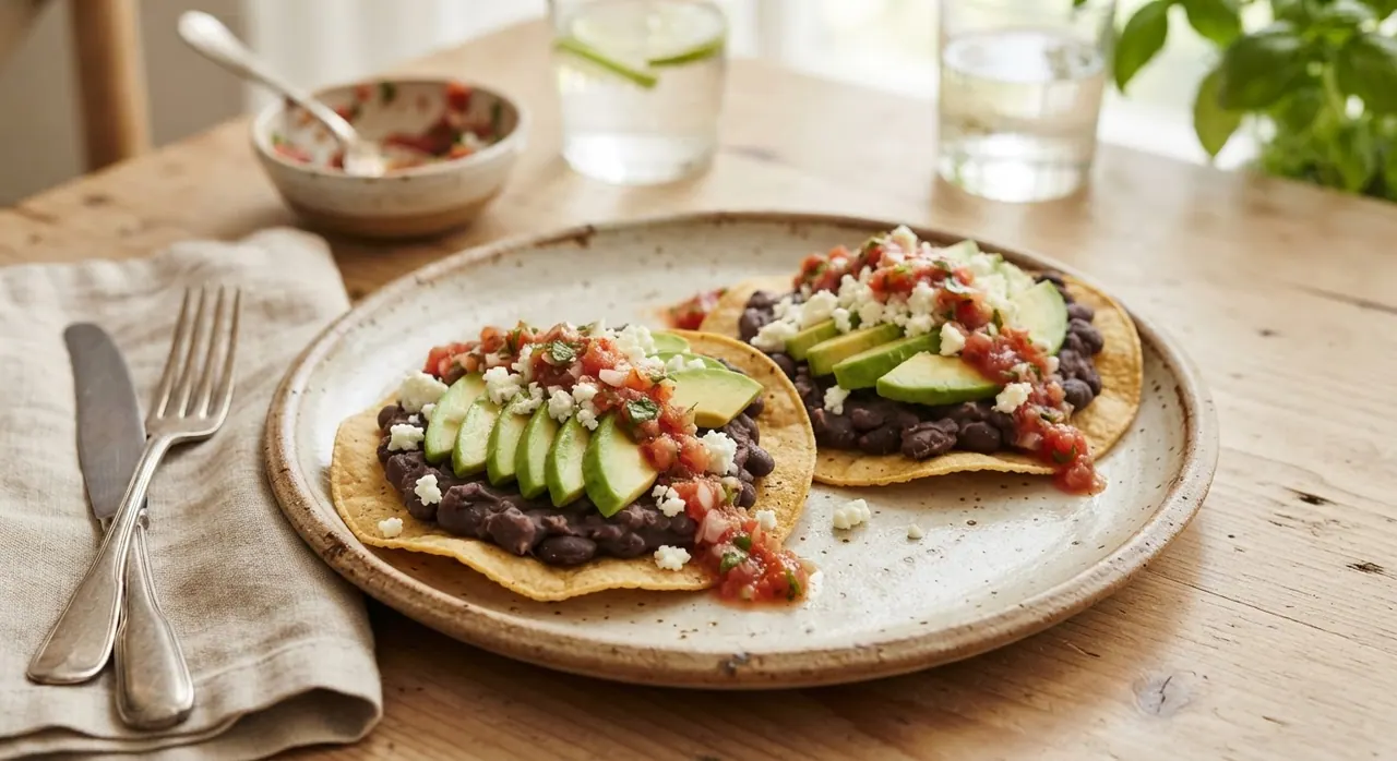 2 tostadas deshidratadas con frijoles y aguacate