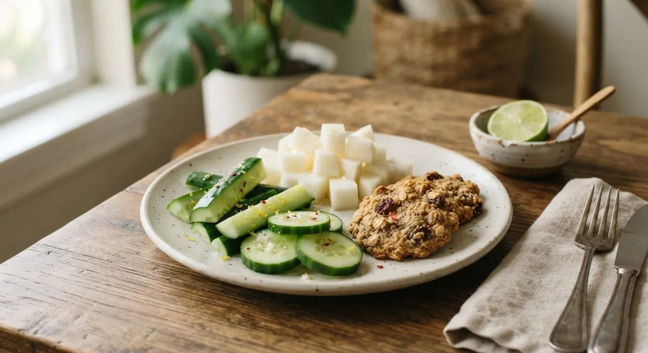 Pepino y jícama con galletas de avena