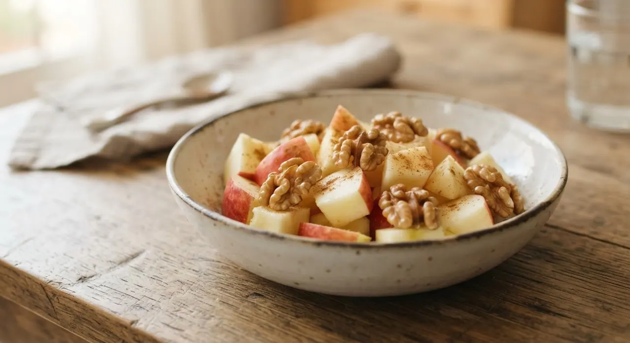 1 manzana cortada en cuadros y 5 mitades de nuez