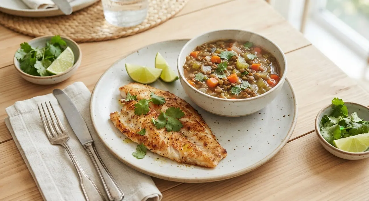Filetes de mojarra a la plancha con sopa de lentejas