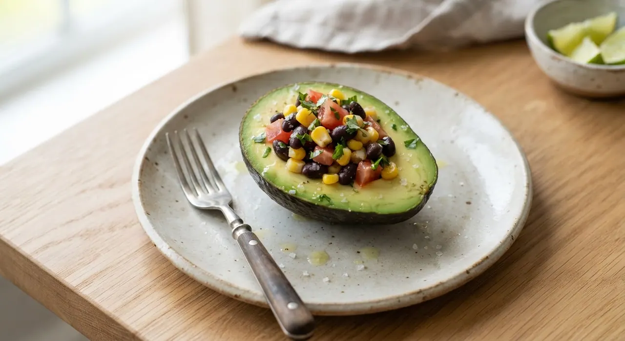 1 aguacate relleno de elote y frijoles