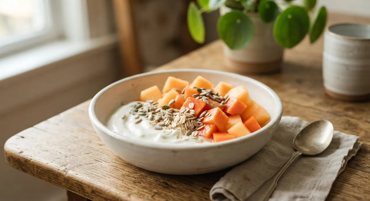 Plato de papaya y melón con avena y pepitas de girasol