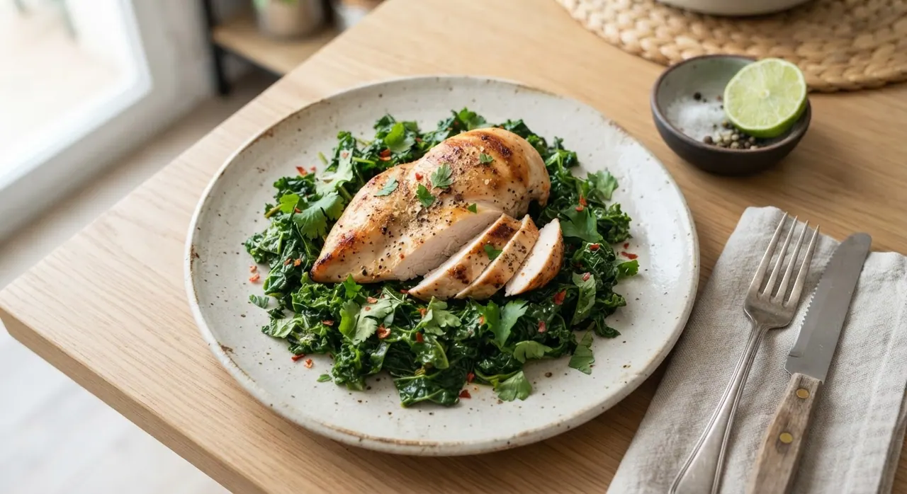 Pollo al horno con col rizada
