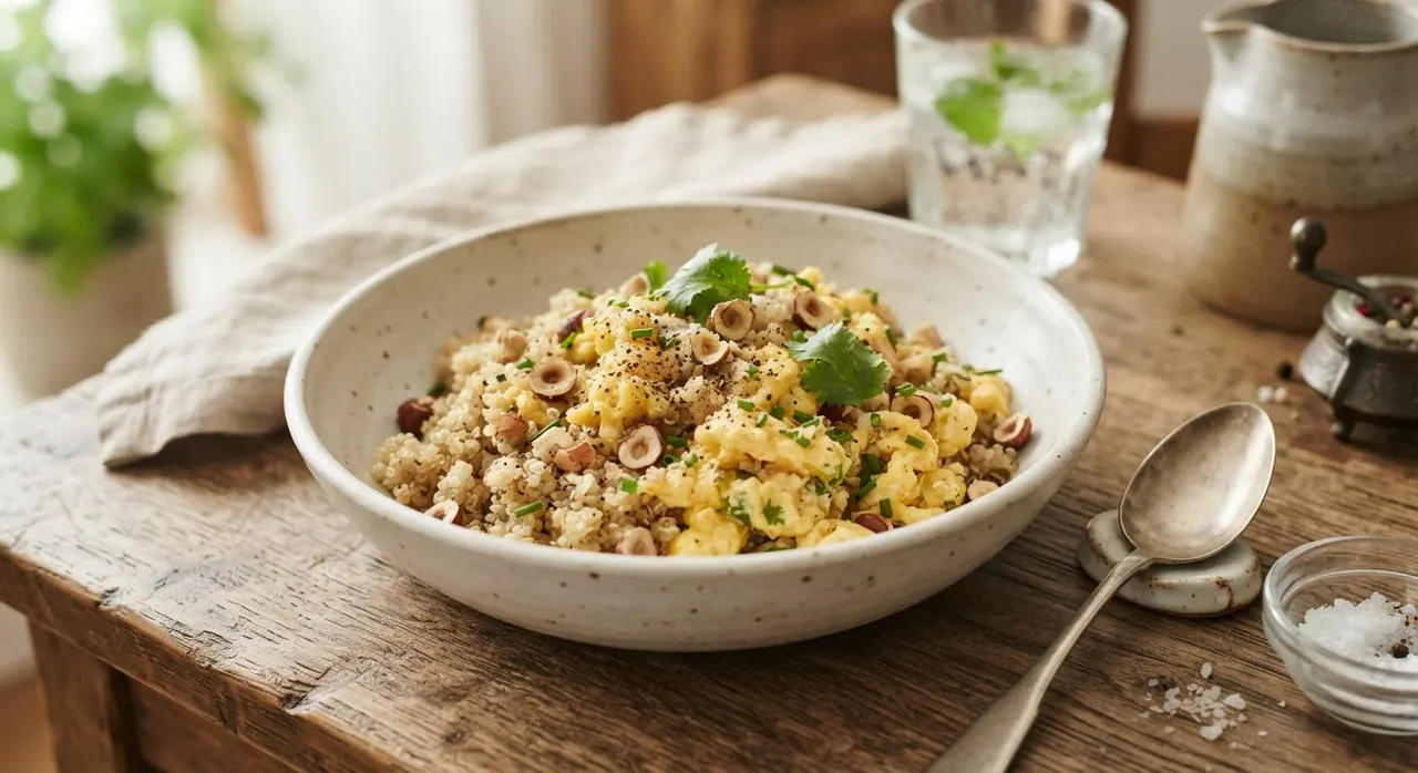 Huevo revuelto con quinoa y avellanas