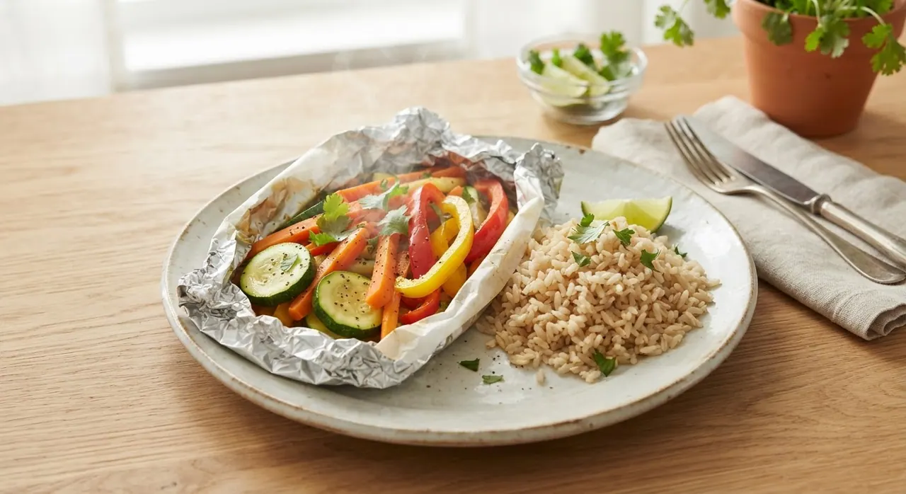 Verduras empapeladas acompañadas de arroz integral