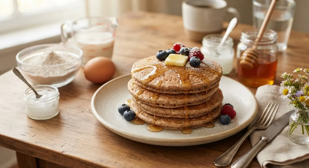 4 hotcakes de trigo entero con miel