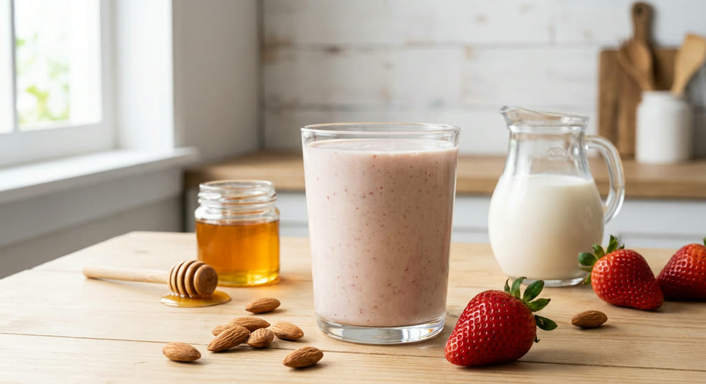 Licuado de lechada de almendras con fresas y miel