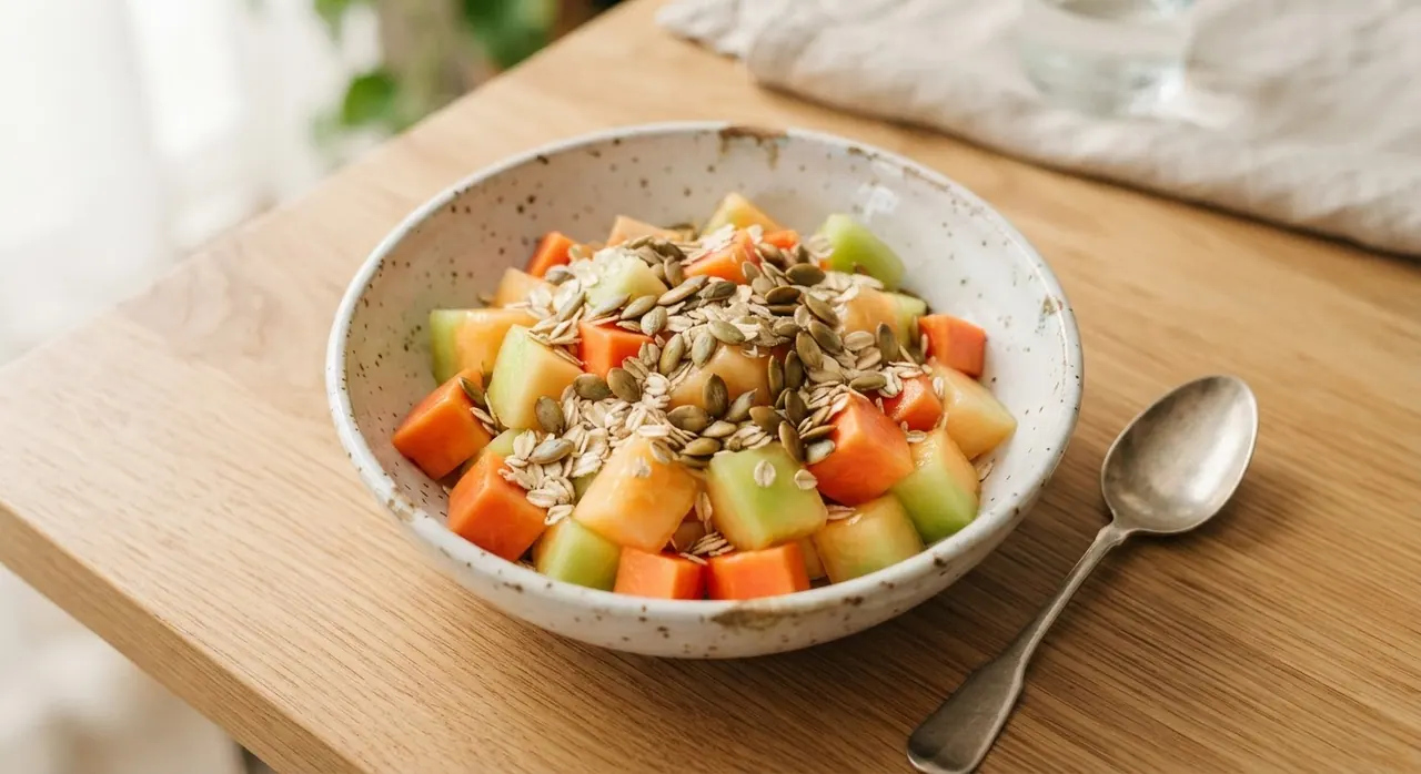Plato de papaya y melón con avena y pepitas