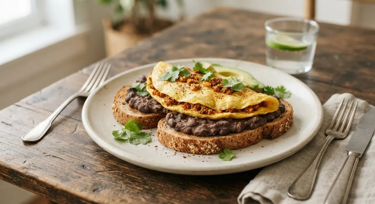 Pan tostado con frijoles y omelette de chorizo
