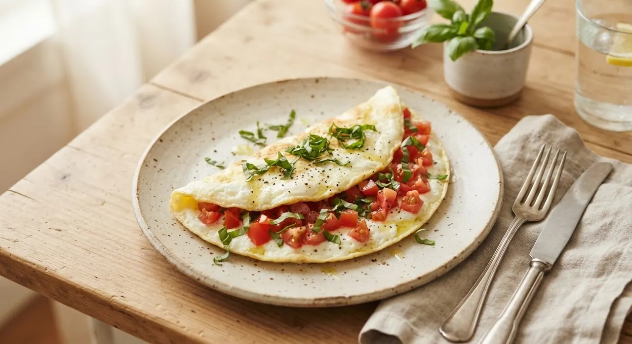 Omelete de clara de huevo con tomate y albahaca