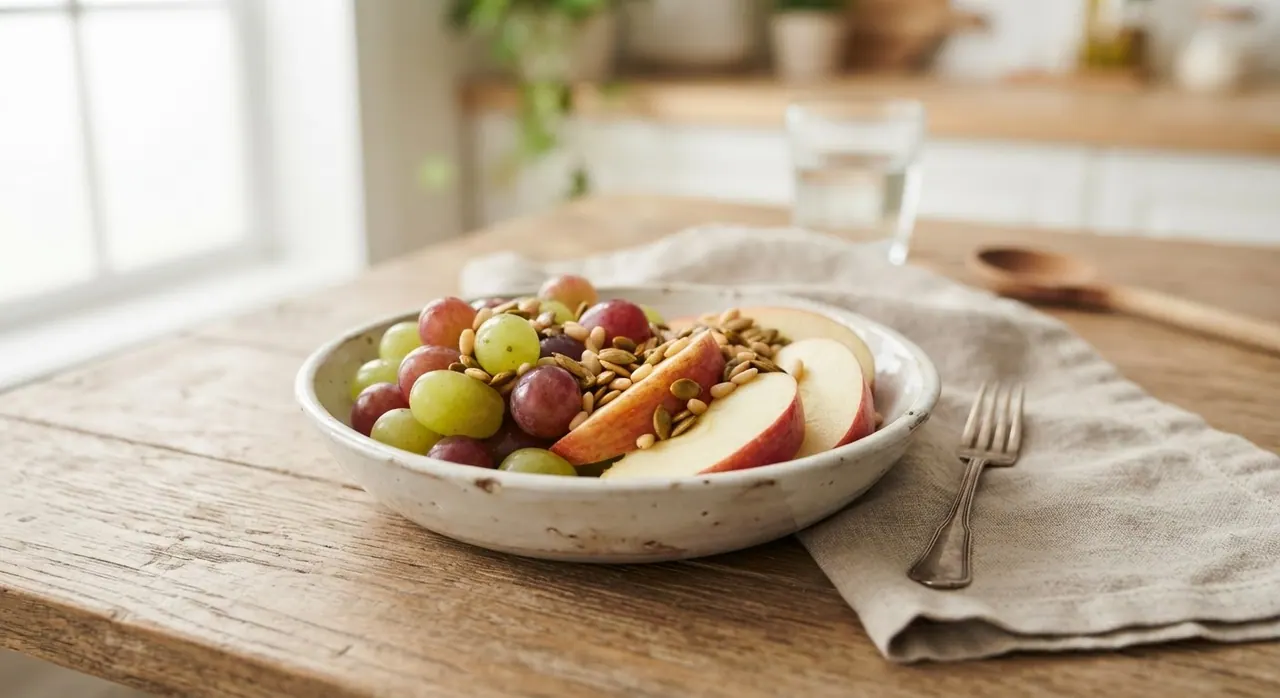 Media taza de uvas, media manzana, piñones o semillas de calabaza