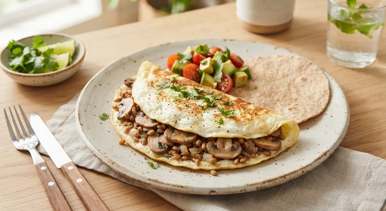 Omelette de claras con champiñones y trigo