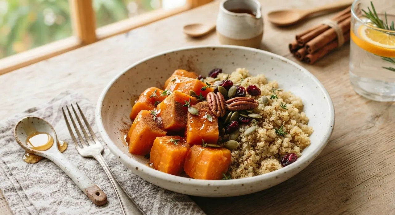 2 camotes al baño maría con miel y media taza de quinoa