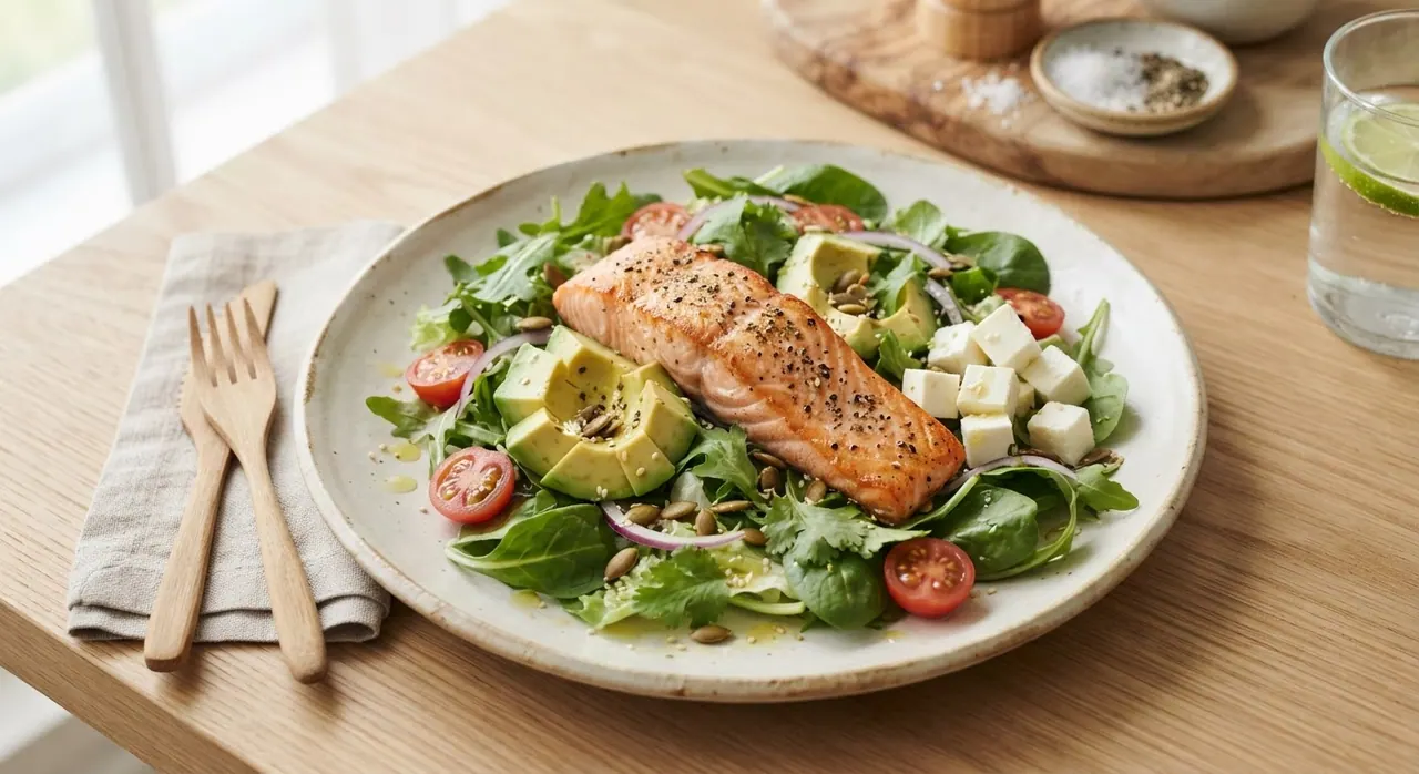 Ensalada de salmón con aguacate y queso panela