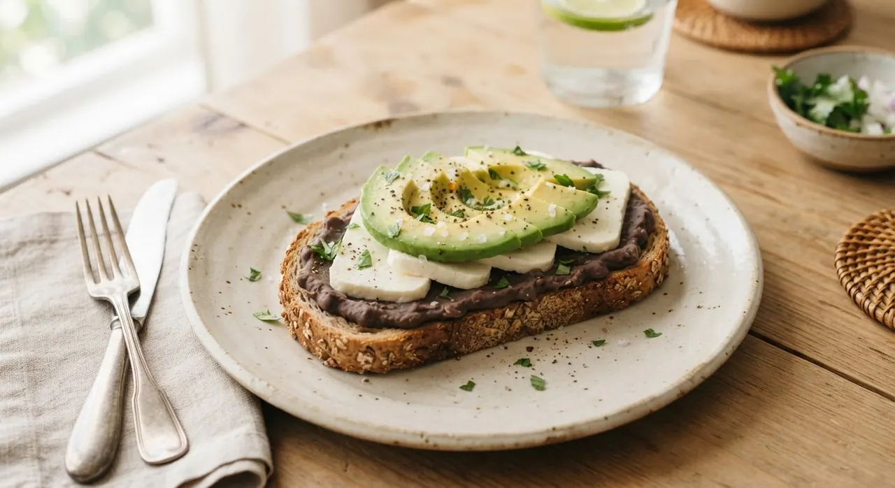 Pan tostado con frijoles molidos y queso panela