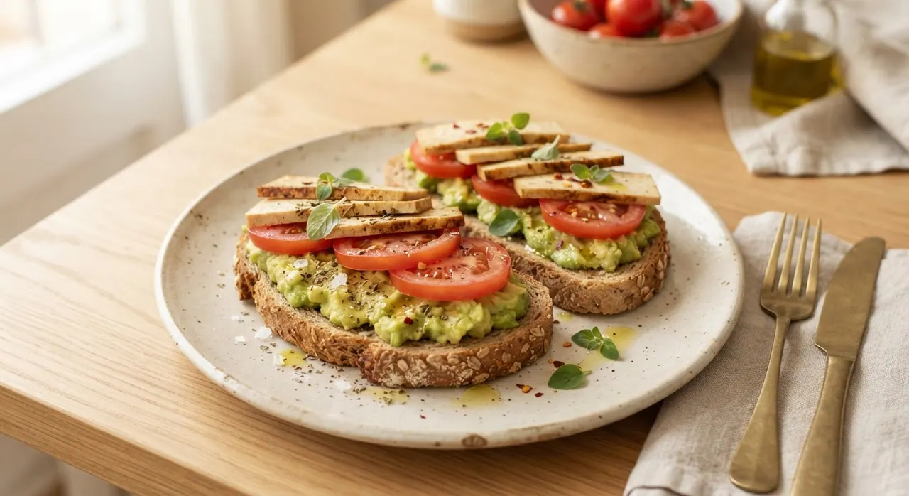 Pan integral con aguacate, tomate y tofu